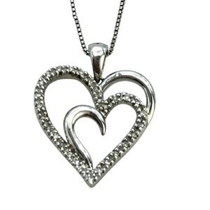 Silver Double Heart Charm Pendant Necklace with Diamonds on Sterling Box Chain
